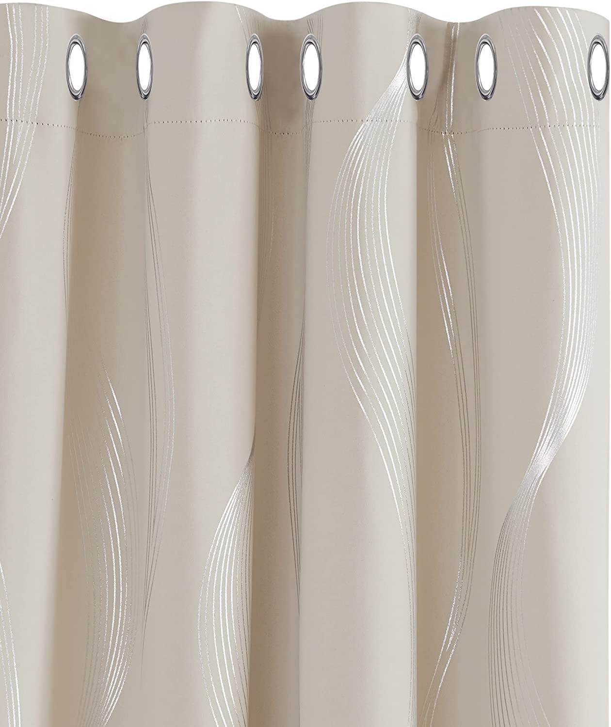 Kelsey Foil Wave Lines Thermal Insulated Blackout Eyelet Curtains For Bedroom Living Room 2 Panels With Matching Tie Backs (Width X Length) (Beige, 66" X 54")
