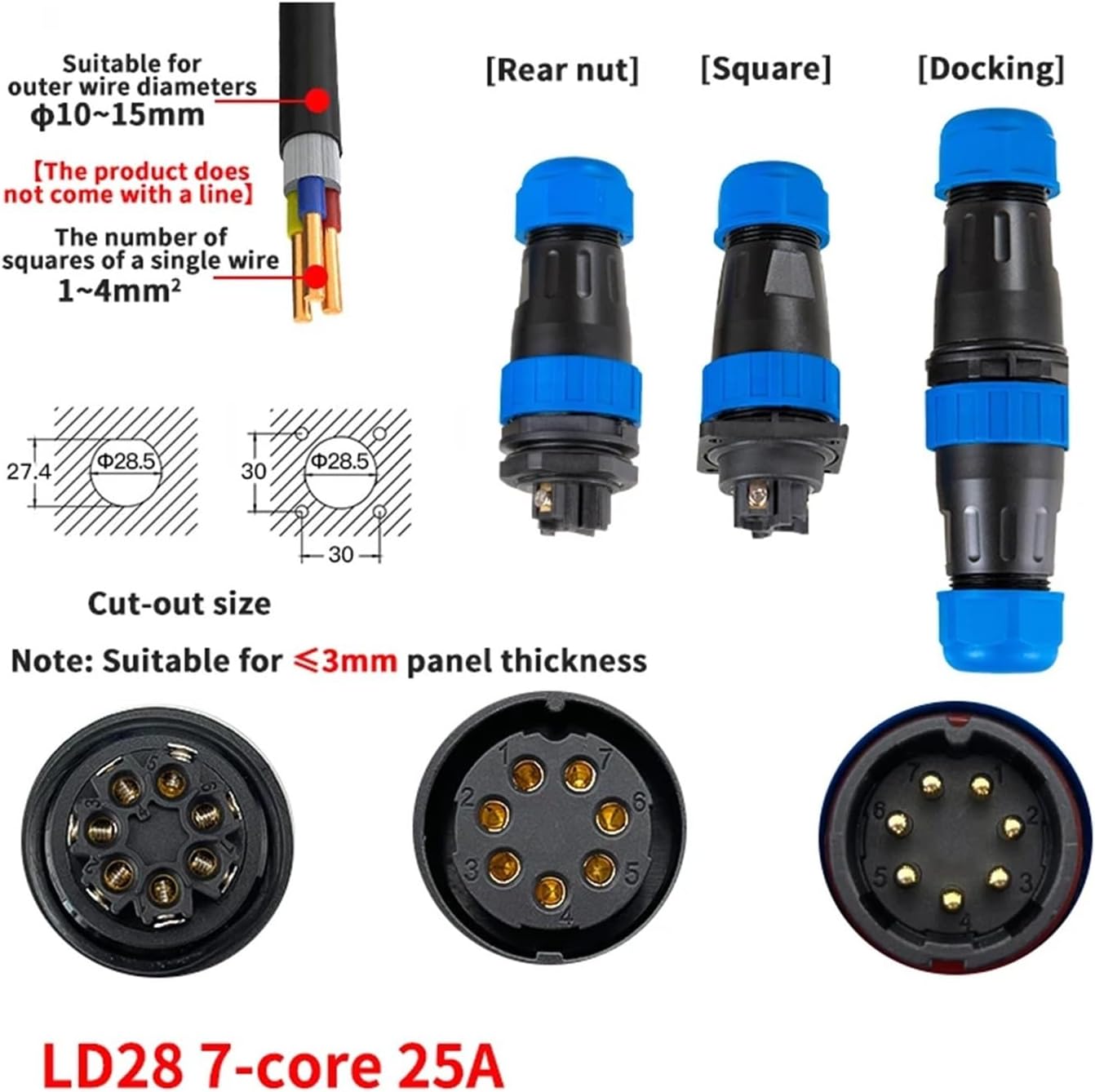 Connector male plug and female socket 2/3/4/5/6/7/9 pin panel mount wire cable connector(LD28-7 25A)