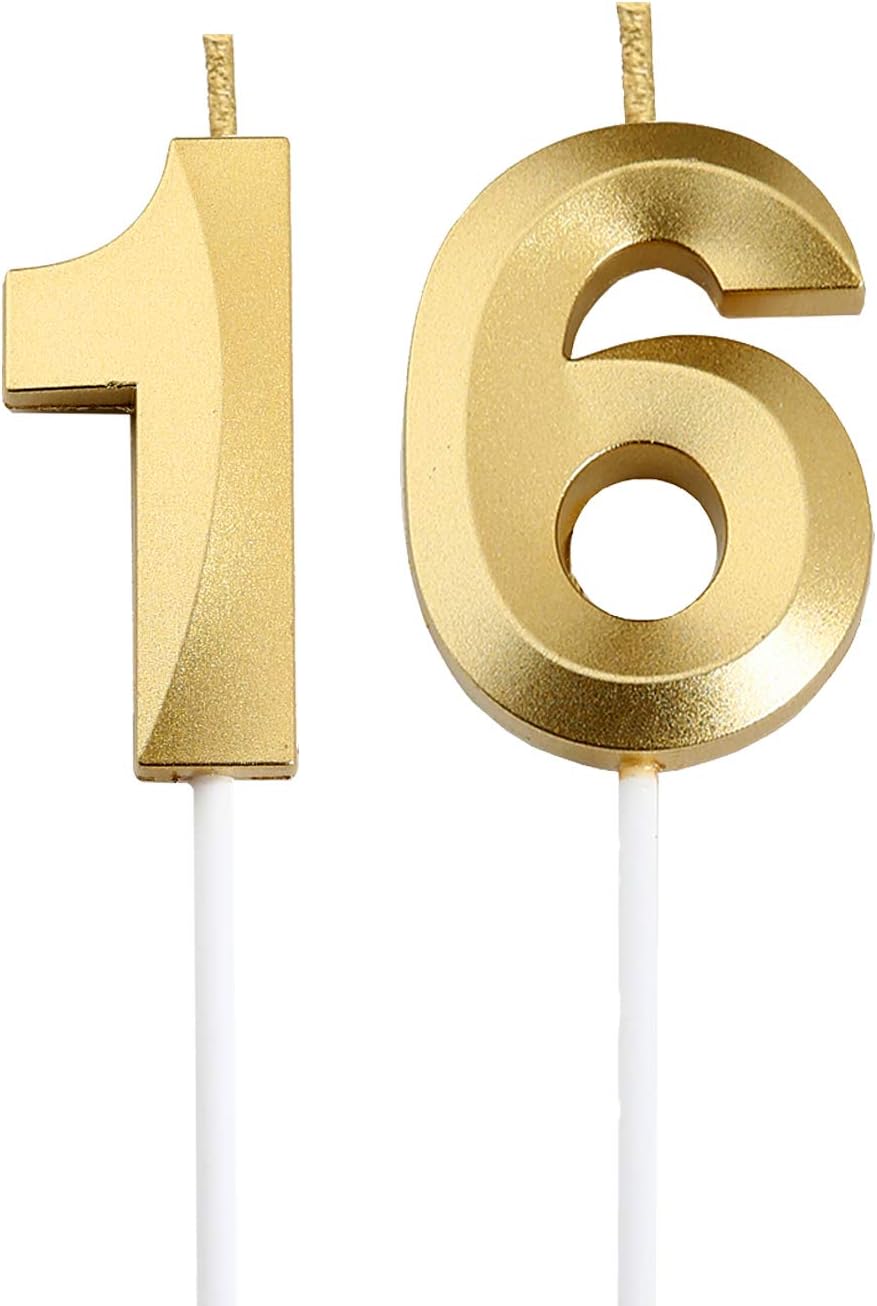 16th Birthday Candles,Gold Number 16 Cake Topper for Birthday Decorations Party Decoration