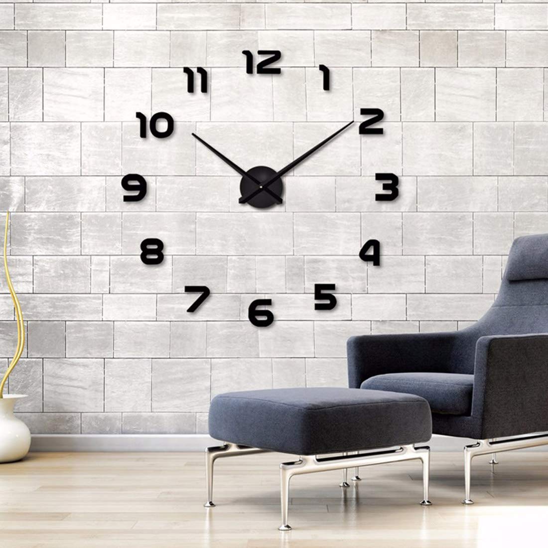 Horloge Murale 3D Miroir Autocollant Métal Silencieuse, Décor Moderne 60-90 cm Noir