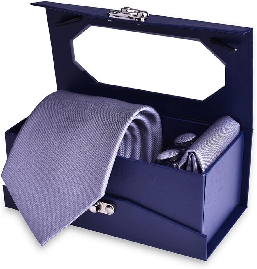 Solid Necktie Hanky Cufflinks Sets for Wedding Party Men Gift Tie Set with Gift Box