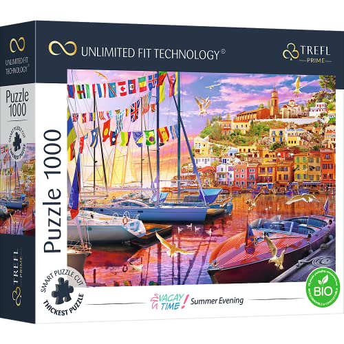 Trefl Prime - Uft Puzzle Vacay Time: Summer Evening -1000 Piezas, Cartón Más Grueso, Bio, Eko, Vacaciones, Verano, Yates, Marina, Puesta De Sol, Entretenimiento Para Adultos Y Niños Mayores De 12 Años