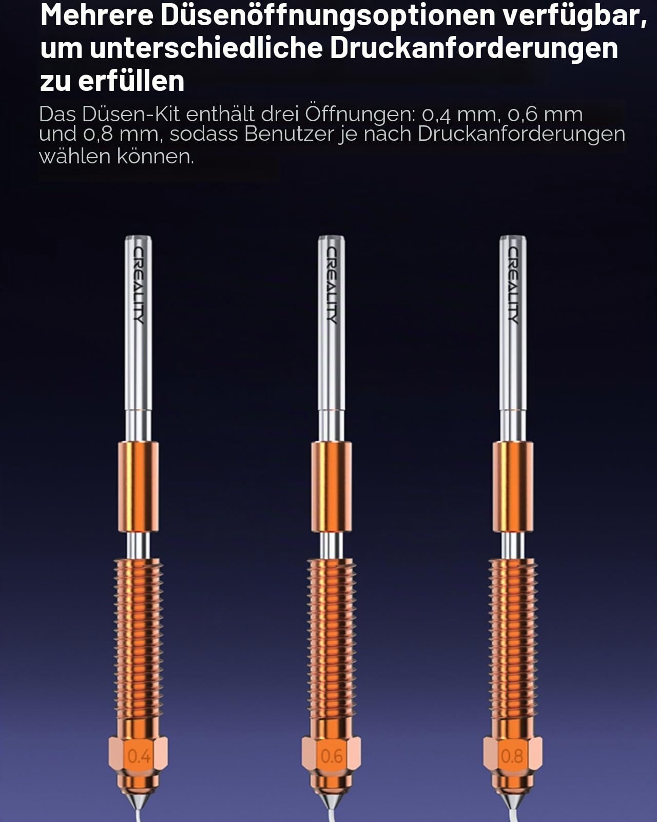 Offizielle Creality K1C Düsen 0.4mm, 0.6mm, 0.8mm 4PCS, Einhorn Quick-Swap 3D Drucker Düse Kit, Ender 3 V3 Düsen Kupferlegierung und gehärtete Stahldüse für Creality K1C, Ender 3 V3 3D Drucker