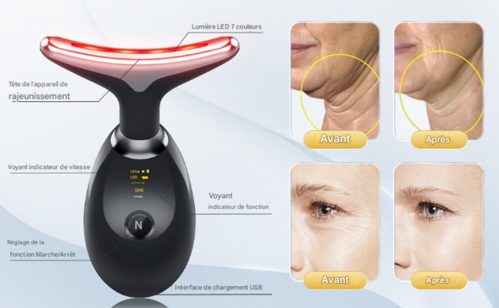 Skinova Beauty Lumi Beauty 7 Lumières Masseur Facial Anti-rides Avec Lifting, Nettoyage Et Lumière LED 7 Couleurs, Appareil Anti Rides Visage (Noir)