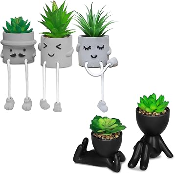 Zerzsy 3pcs Creative Artificial Succulents with Gray Flower Pots Bundle with 2PCS Cute Artificial Succulent Plants with Creative Human Shaped Pots