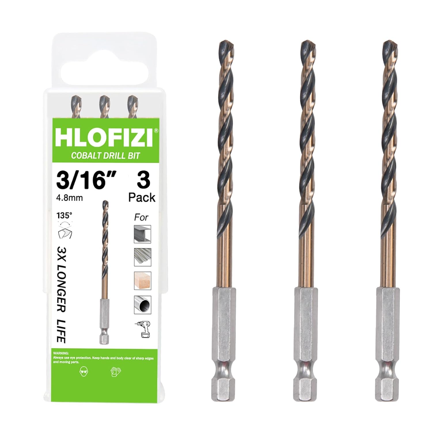 3/16" Cobalt Drill Bit with Hex Shank (3 Pack), Impact Black and Gold Coated Twist Drill Bits for Metal, Stainless Steel, Cast Iron and Wood