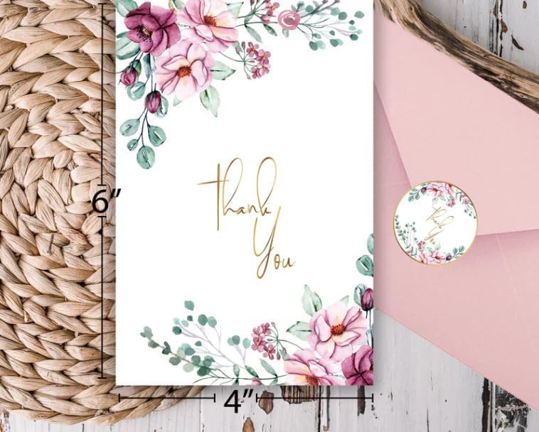 Miniatura 7 de WHOLISTIC JOY Tarjetas de agradecimiento  Juego de 48 con sobres y calcomanías  Florales de lámina dorada para bodas, bebés, despedidas de soltera,