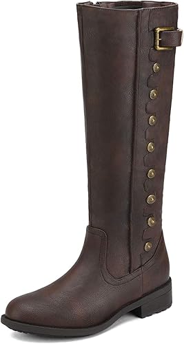 DREAM PAIRS - Botas altas hasta la rodilla de pantorrilla ancha para mujer, botas tipo equitación con tacón bajo apilado