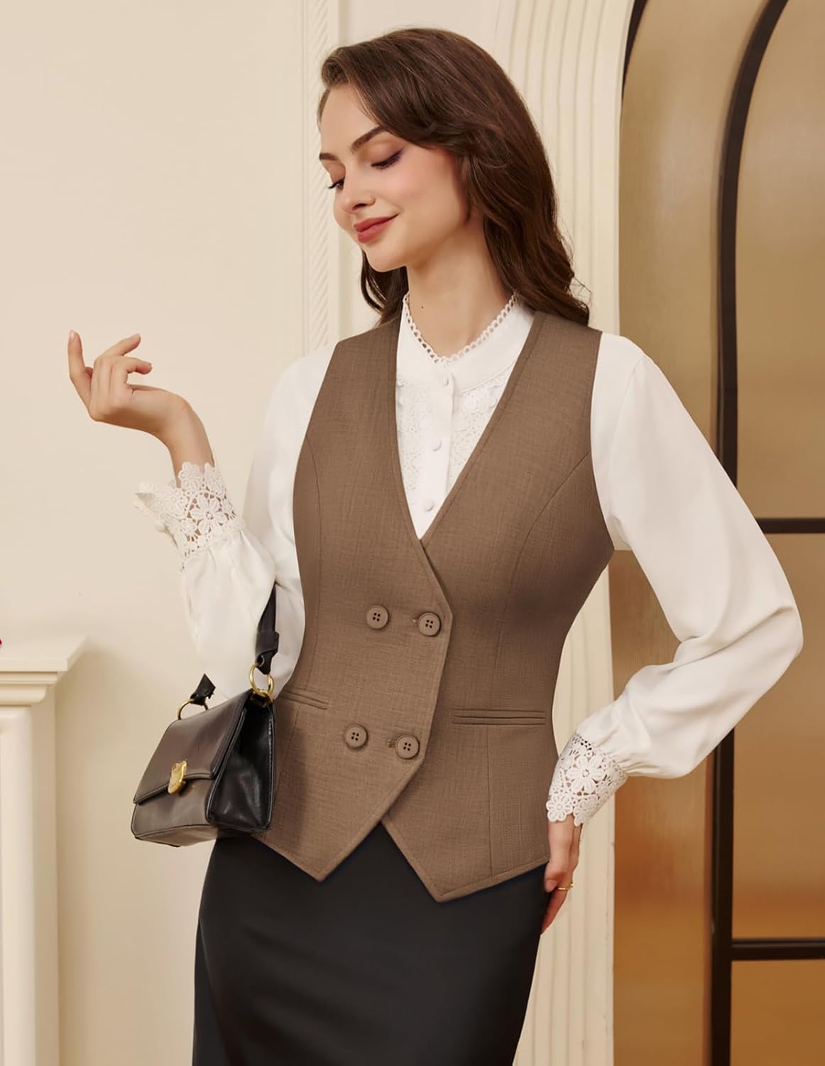 Belle Poque Vest Tops for Women 2026 trendy Sleeveless V-Neck Double Breasted Work Suit Waistcoat Vests with 2 Pockets - Image 3