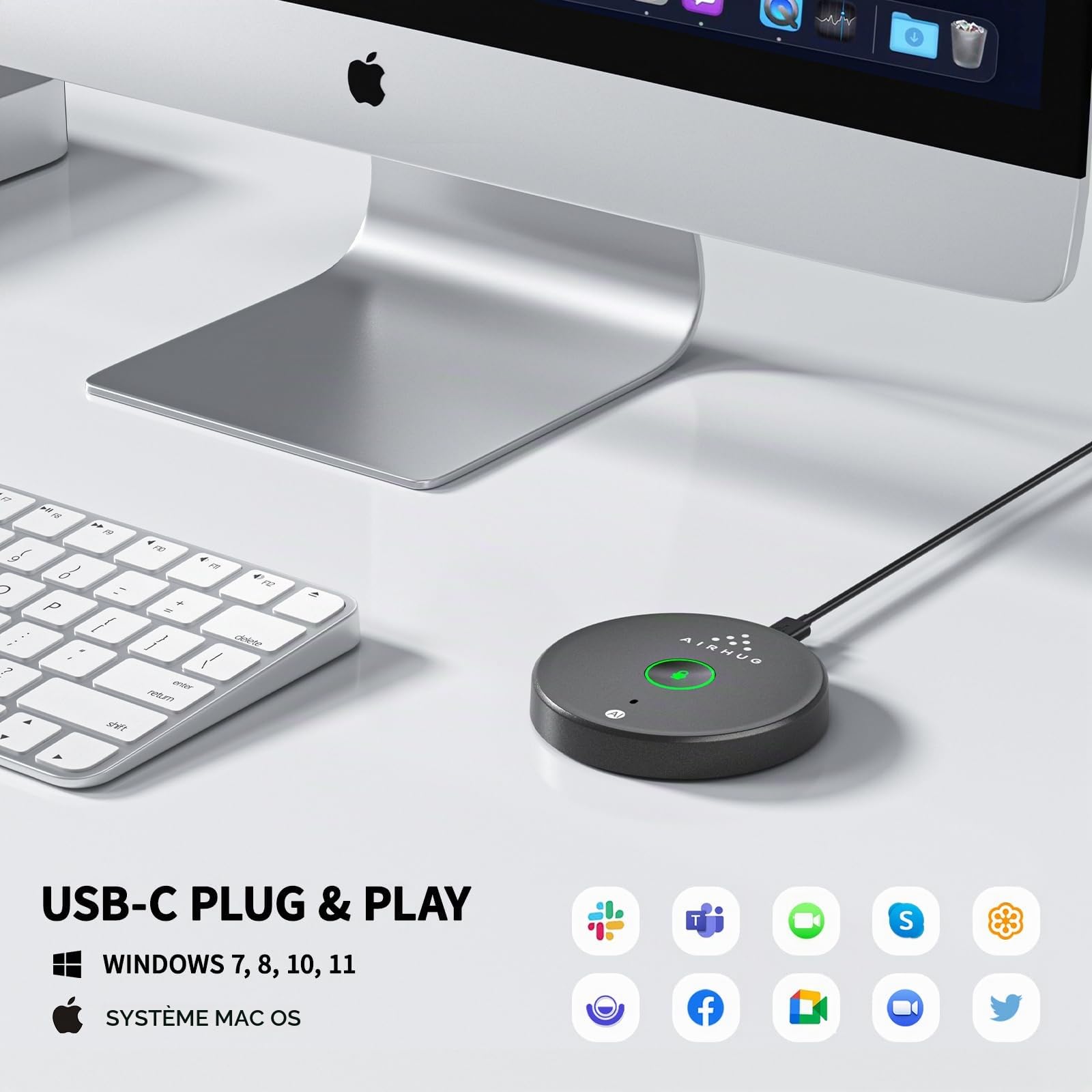 Microphone USB sans haut-parleur, microphone d'ordinateur de bureau, bouton muet avec indicateur LED, réduction du bruit AI, microphone externe omnidirectionnel Plug & Play pour ordinateur portable