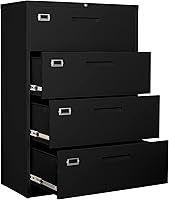 BYNSOE 4-Drawer Lateral File Cabinet with Lock - Metal Steel Lockable Filing Cabinet for A4/Letter/Legal, Home Office Black