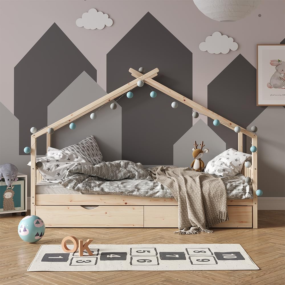 VitaliSpa Cama en Forma de casa Design, Madera Natural, 90x200 cm | con cama de invitados, con barrera de protección anticaídas y somier para un descanso seguro