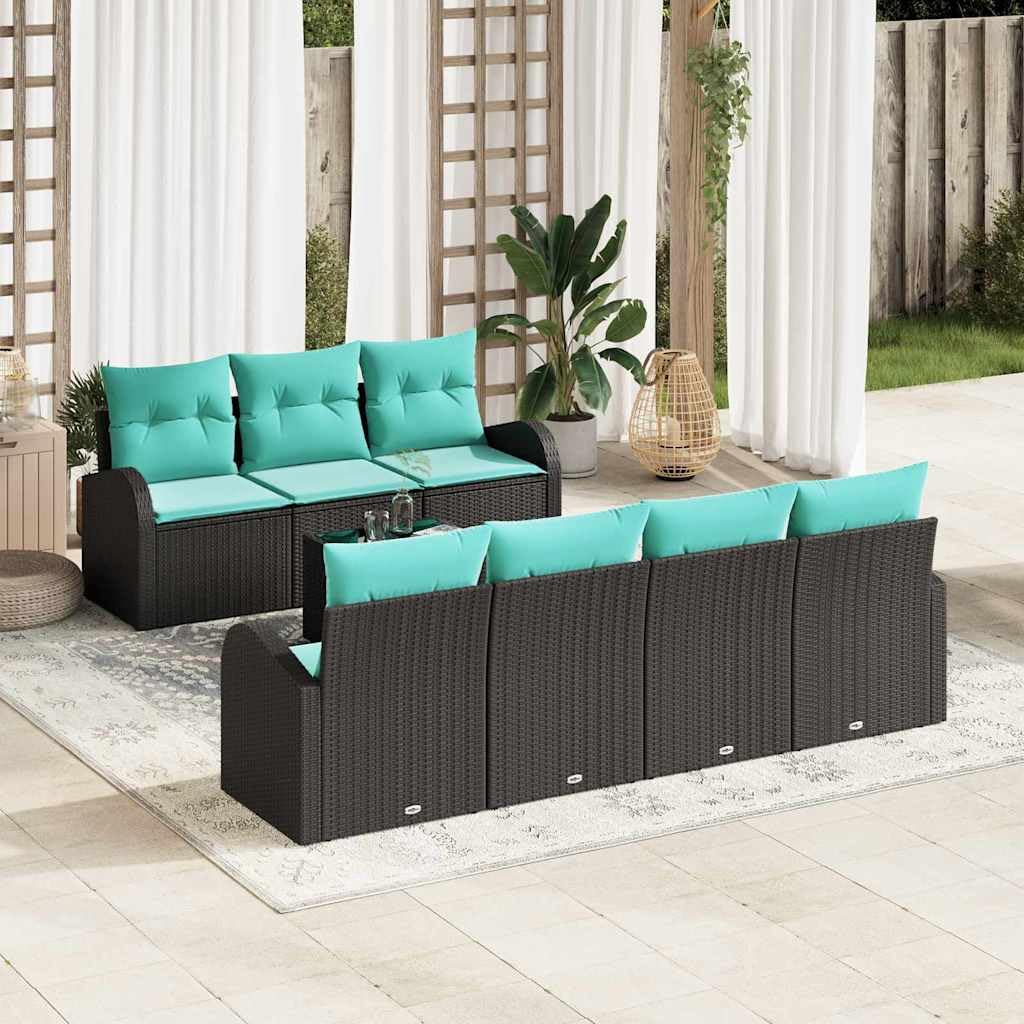 Canapé Jardin Modulaire 8 Pièces 7 Places Noir et Turquoise Poly Rattan