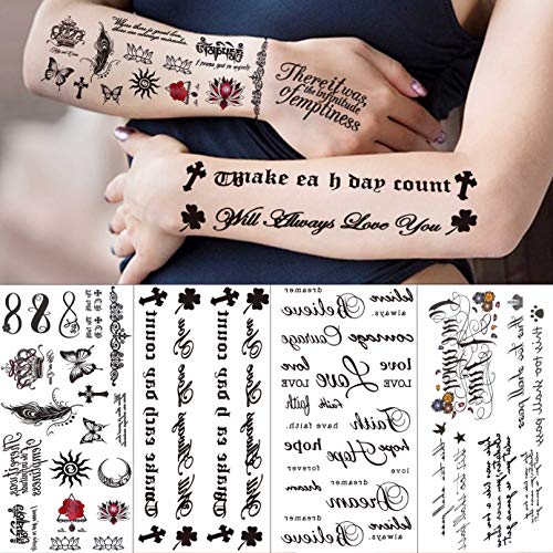 Tasroi 18 Sheets Black Inspired Quotes Temporary Tattoos For Women Kids Children Long Lasting Letter Alphabet Words Fake Tattoo Stickers Birds Cross Ecg Infinity Moon Star Neck Arm Tatoo For Men Adult #TOP5