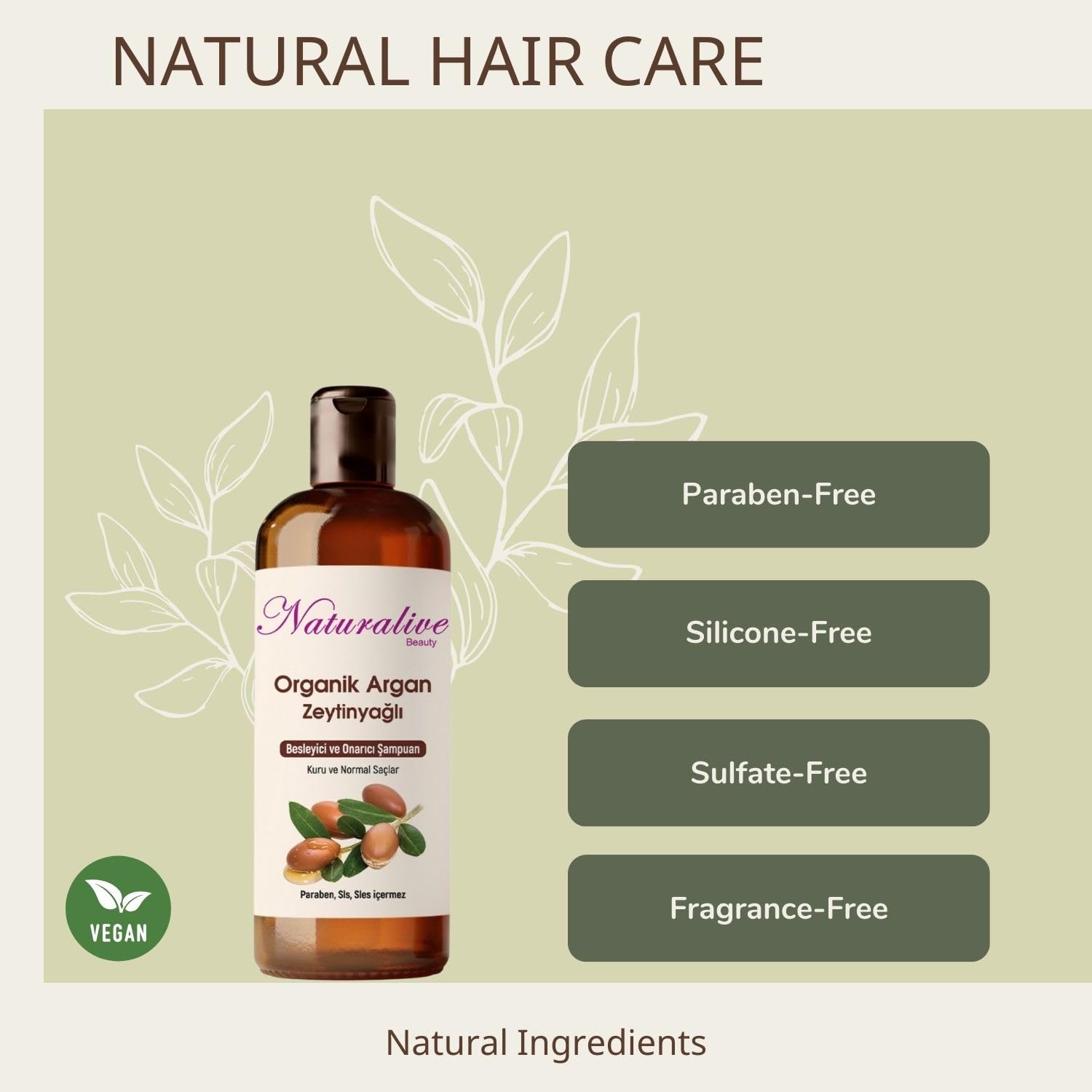 Naturalive Beauty Natural Hair Shampoo, Reparing and Nourishing, With Argan Oil, Almond Oil, and Olive Oil - For Dry and Normal Hair, Vegan, Paraben Free, Sulfate Free, Salt Free – 500ml | 16.9 fl oz