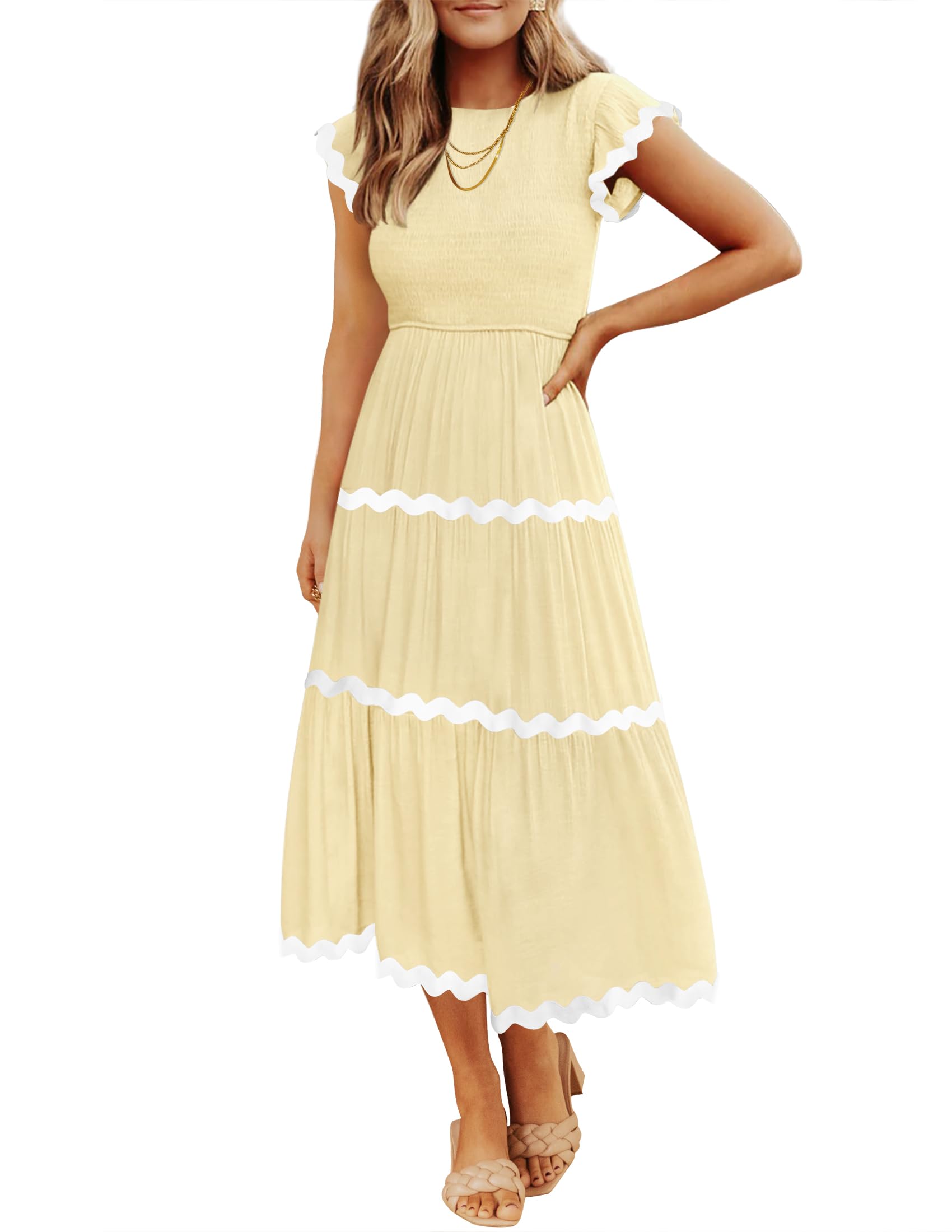 Photo 1 of ZESICA Womens Summer Casual Smocked Midi Dress 2026 Flutter Short Sleeve High Waist Tiered Flowy Boho Vacation Dresses,Light Yellow,X-Large