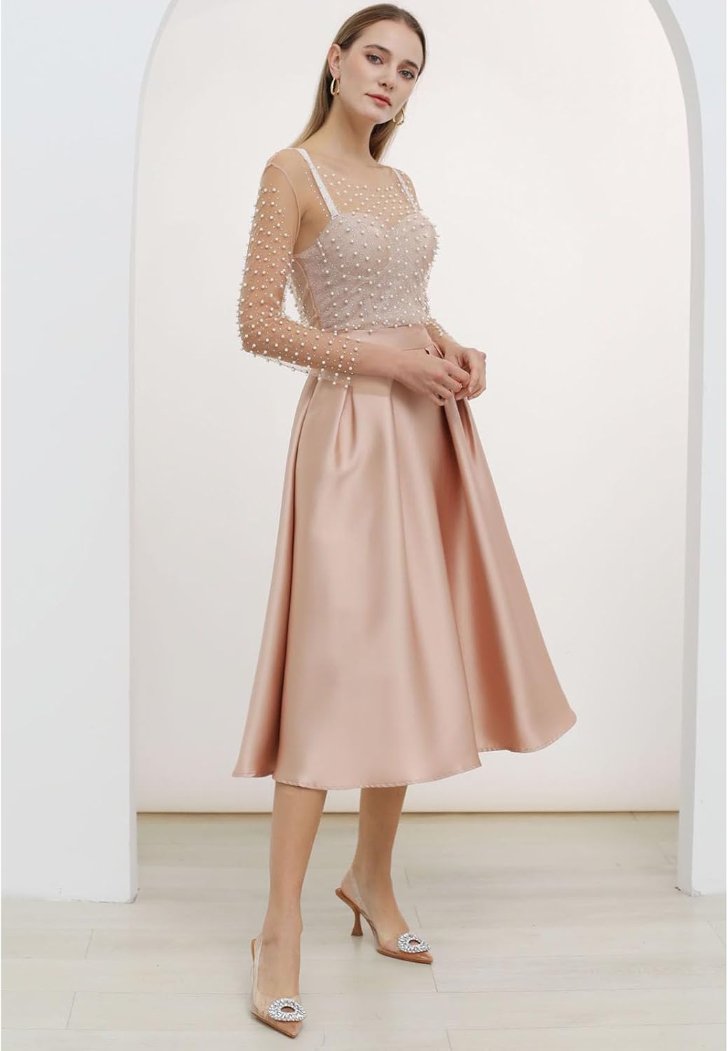 CHICWISH Women Full Pearl Embellished Sheer Mesh Top Sexy See Through Shirt Long Sleeve Scoop Neck Blouses Tops Tan