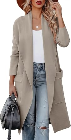 Womens Open Front Knited Loose Cardigan Casual Long Sleeve Draped Knit Pockets Long Jackets Sweater