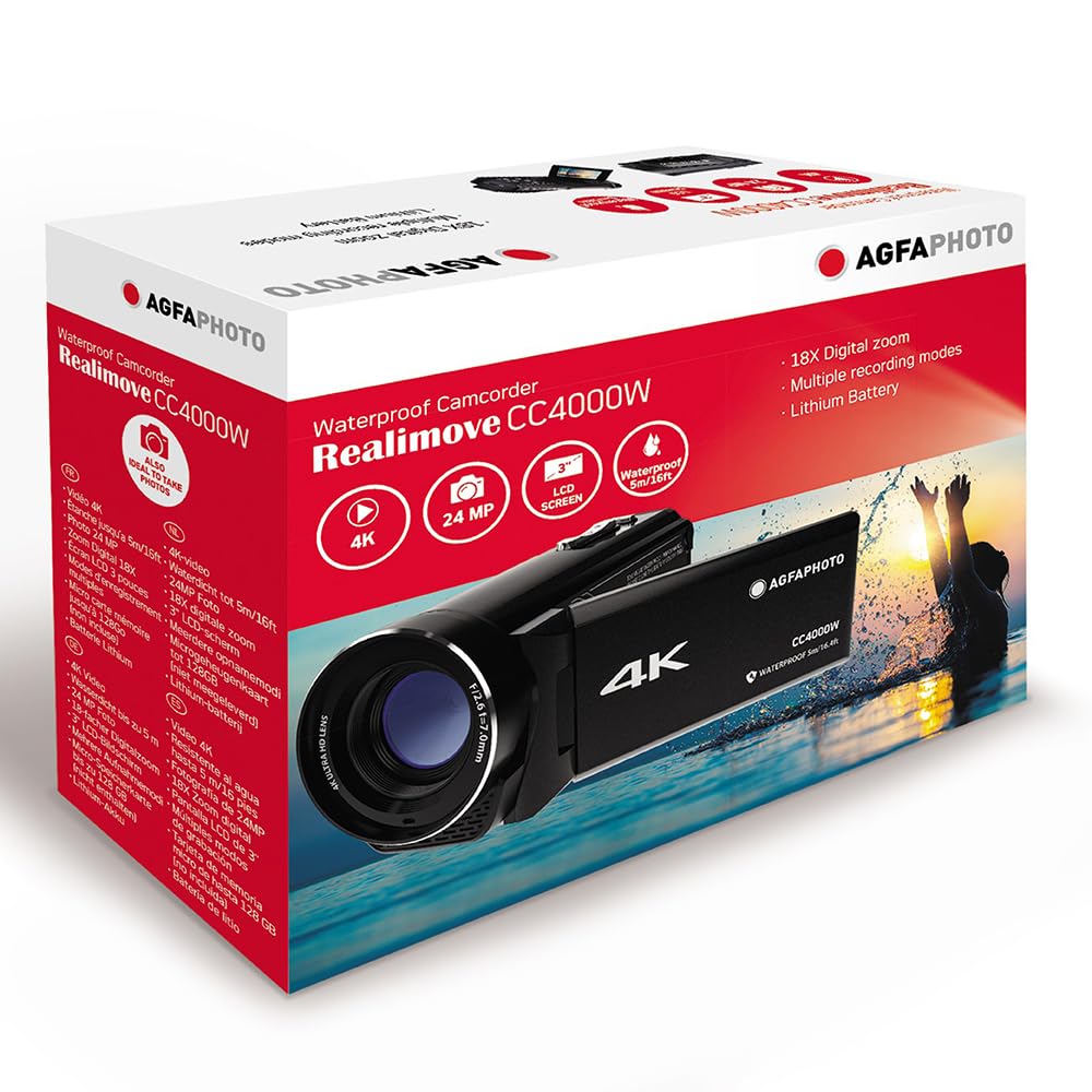 Agfa Camcorder Realimove Cc4000 Black | Wasserdicht, 3-Zoll-Touchscreen, 18-facher Digitalzoom, Video 2.7K, Foto 24 MP, Fernbedienung, LED, Lithiumbatterie
