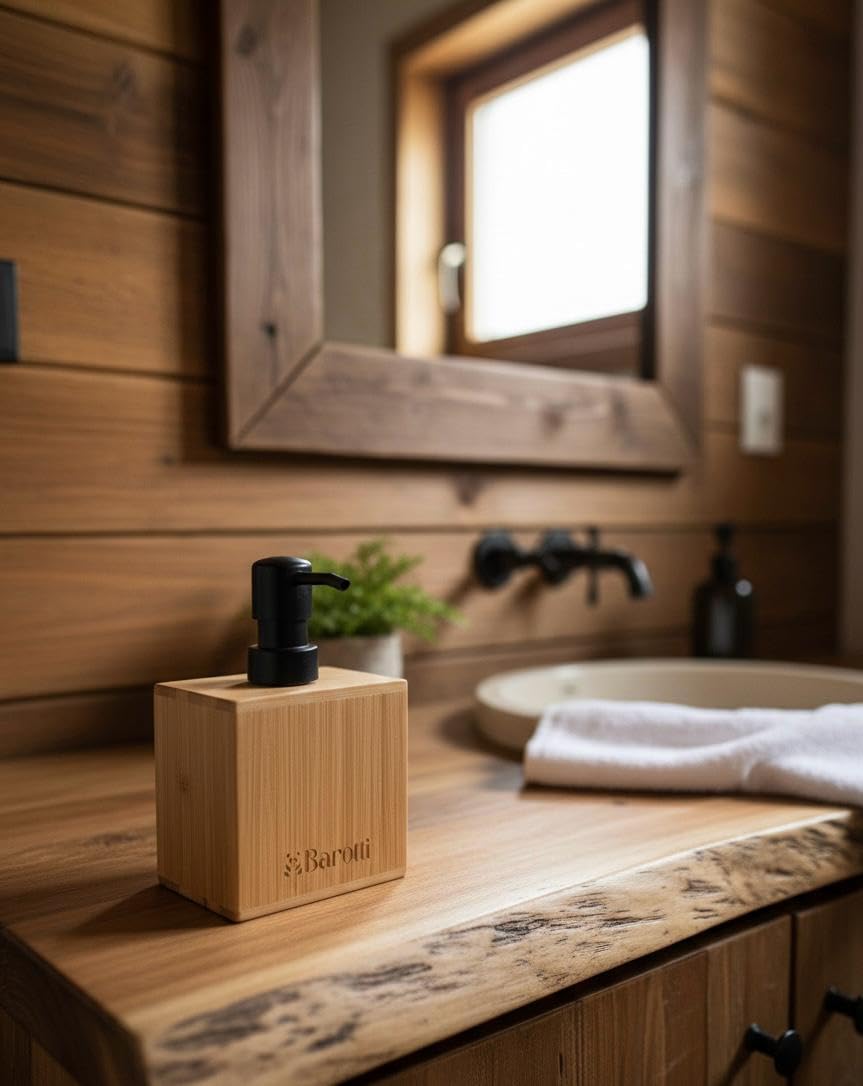 Barotti Modern Doğal Bambu Kare Sıvı Sabunluk, Lüks Tasarım Banyo ve Mutfak Sabun Dağıtıcı, Dayanıklı Kübik Tasarım, Siyah Pompalı