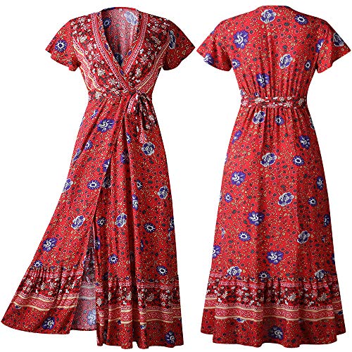 Image of PRETTYGARDEN Women Boho Summer Side Split Deep V Neck Short Sleeves Maxi Dress with Belt