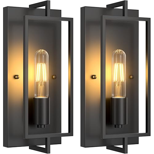Industrial Black Wall Sconces, Vintage Farmhouse Wall Sconces Lighting Set of 2, Metal Wall Light Fixtures, Indoor Rustic Wall Mounted Lamp for Living Room Bedroom Hallway