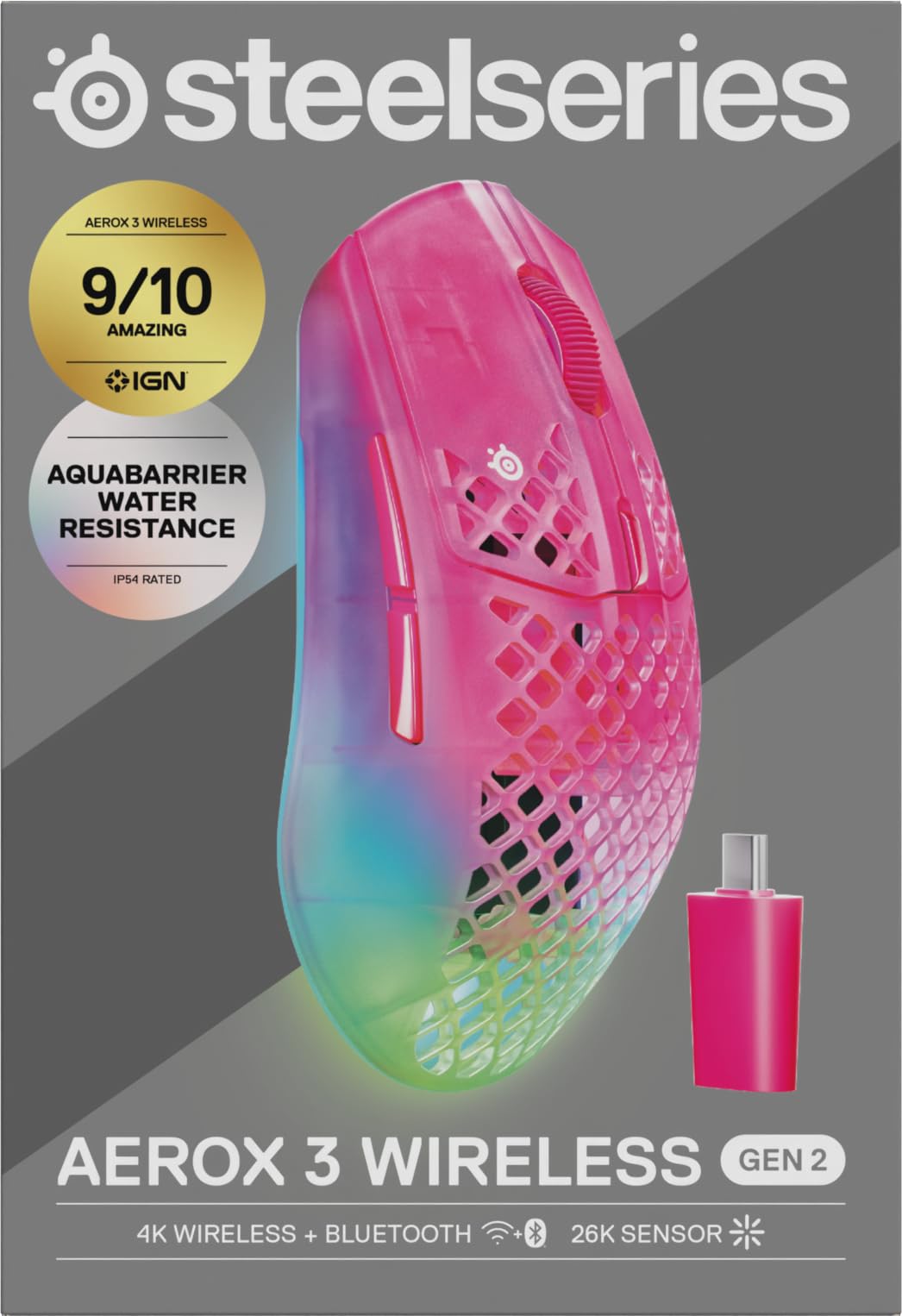 SteelSeries Aerox 3 Wireless Gen 2 – superlekka mysz dla graczy, polling 4K, sensor optyczny 26K DPI, 200 godzin pracy, wodoodporność IP54, 80 mln kliknięć, RGB, ślizgacze 100% PTFE, Magenta Haze