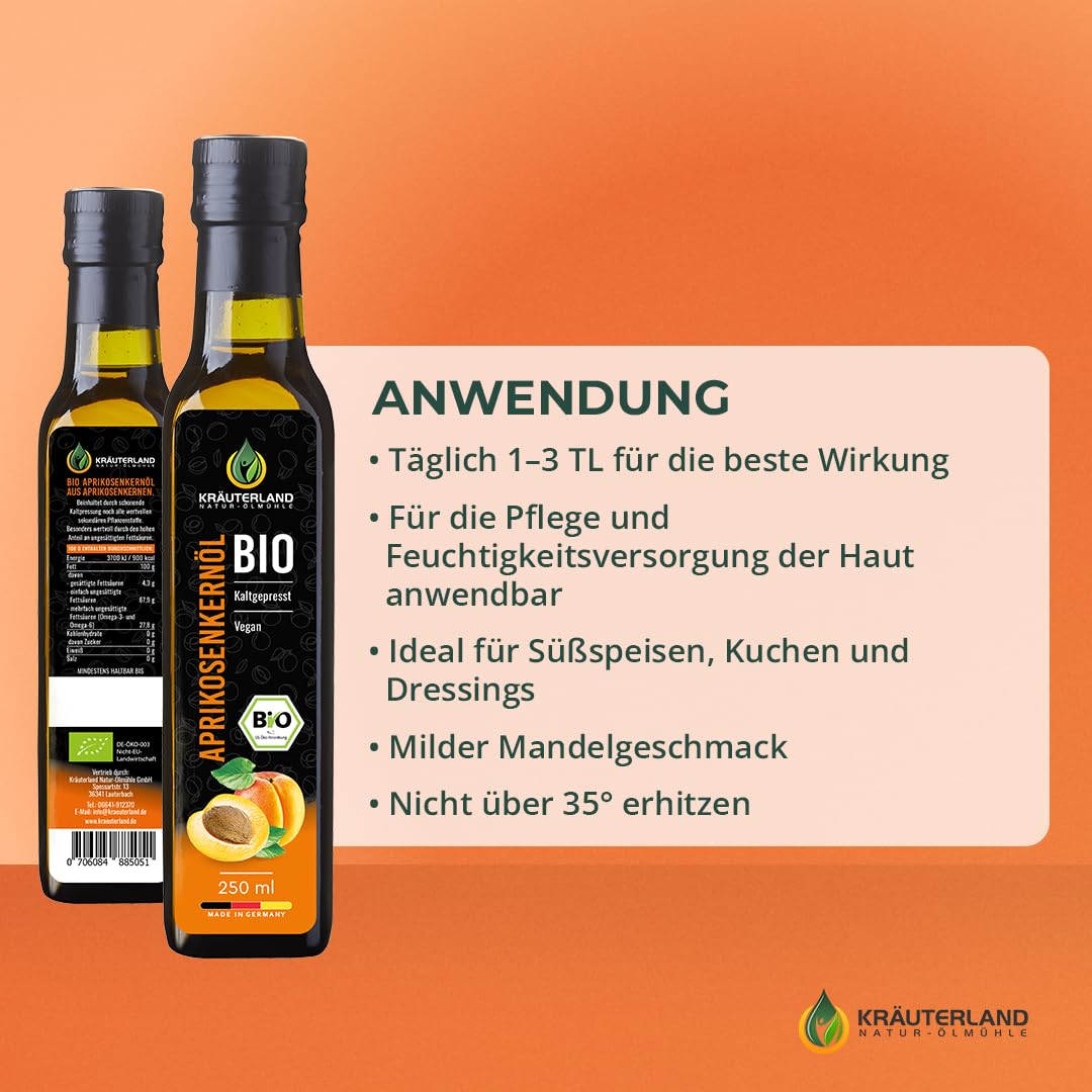 Kräuterland Bio Aprikosenkernöl 4x250ml (1Liter) kaltgepresstes Speiseöl