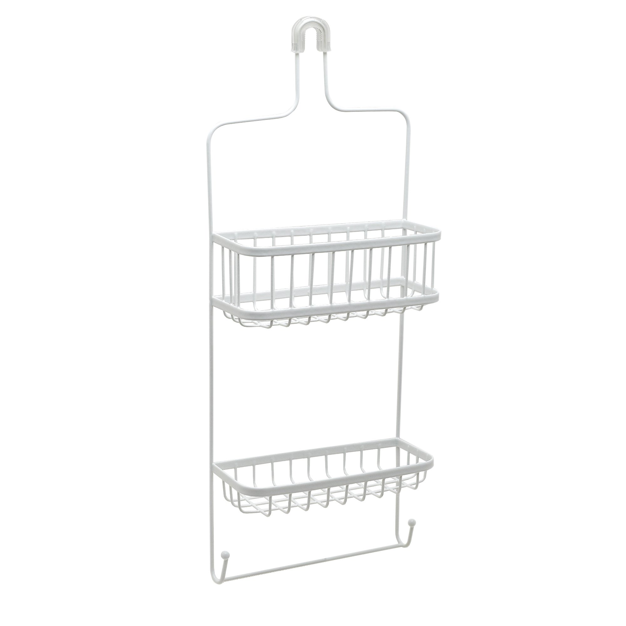 Zenna Home Hanging Shower Caddy Rustproof White Steel Organizer with 2 Wire Baskets Built-in Washcloth Bar and Razor