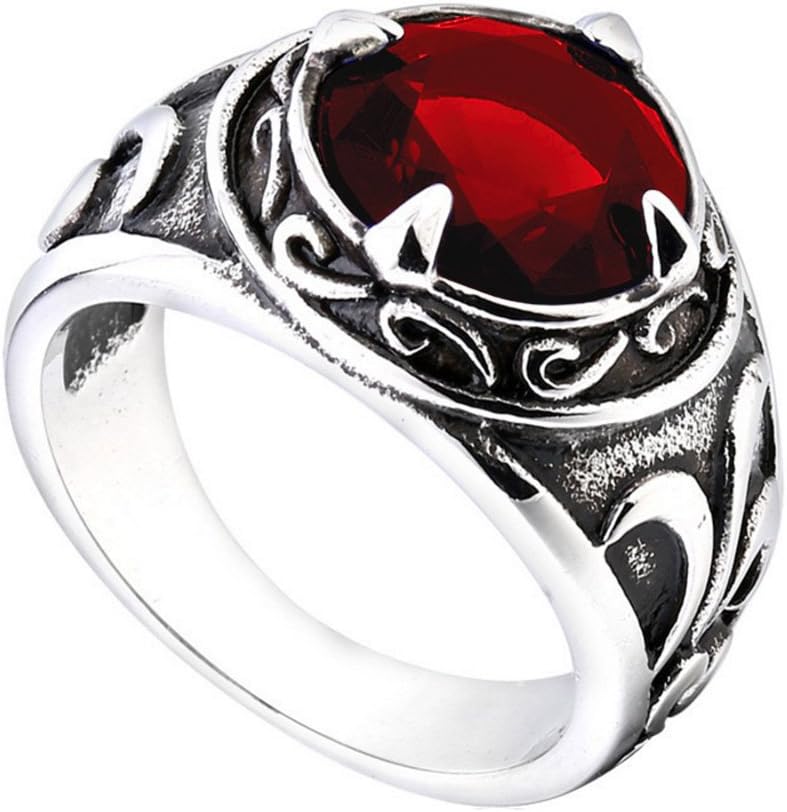 Stainless Steel Vintage Flower Pattern Round Gemstone Ring for Men