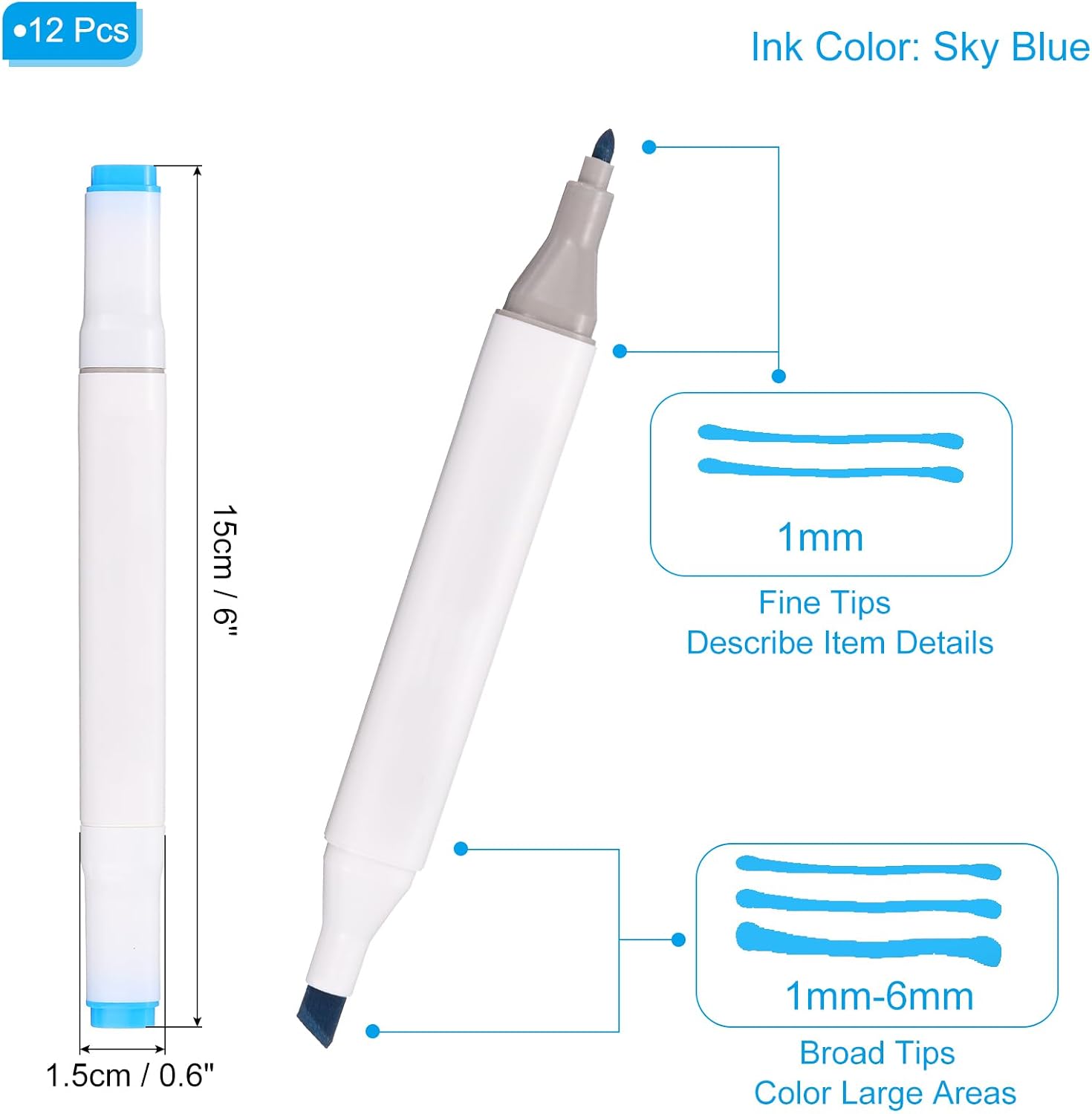 PATIKIL Dual Tip Alcohol Art Markers, 12 Pcs White Barrel Alcohol Markers with Brush Tip and Fine Tip for Illustration Artist Adult Coloring Drawing Permanent Sketching, Sky Blue