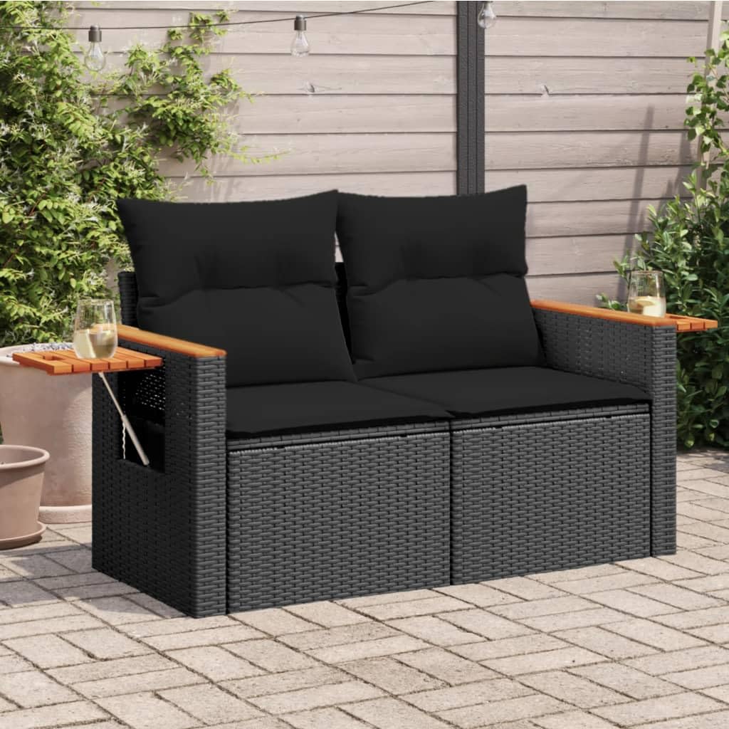IKAYAA Divano da Giardino 2 Posti con Contenitore Divanetto da Esterno 2 Posti Salotto da Giardino in Polyrattan con Cuscini per Seduta e Schienale-Nero-con Contenitore