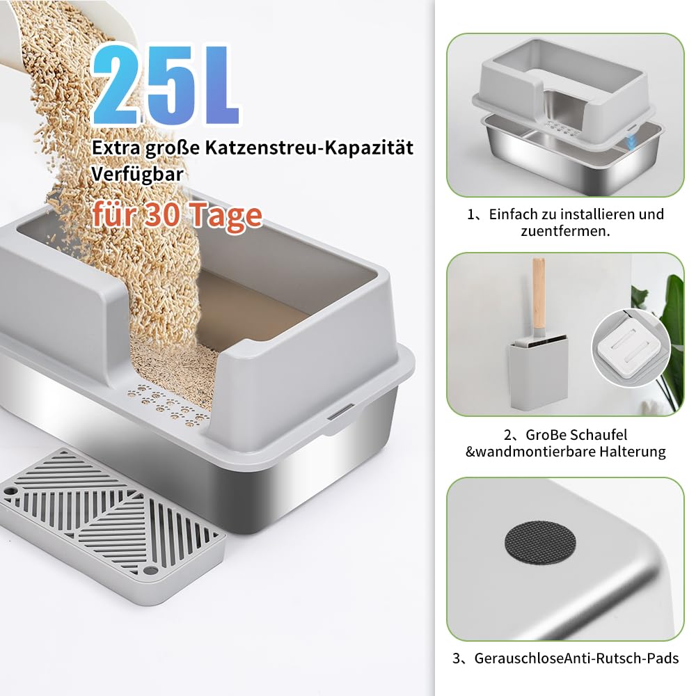 KMNSUN Lettiera Gatto Grande, 61x 41x 31CM XXL Lettiera per Gatti in Acciaio Inox, Ingresso Laterale (per Evitare Che la Lettiera del Gatto Voli Fuori), Pedale Antiperdita per la Sabbia