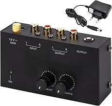 Phono Preamp for Turntables: Phono Preamplifier Compatible MM Systems, RCA Inputs and Outputs, Stereo Level Control, 12V DC Power Supply - Black