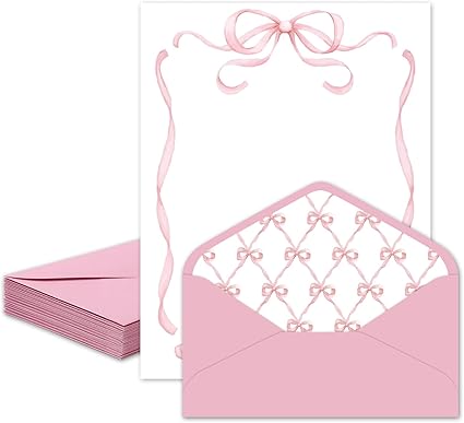 Whaline 30 Pcs Pink Bow Stationery Paper Set Coquette Bowknot Letter Writing Paper with Envelopes Stickers for Birthday Baby Shower Party Invitation Office Printing, 8.5 x 11 Inch
