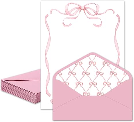 Whaline 30 Pcs Pink Bow Stationery Paper Set Coquette Bowknot Letter Writing Paper with Envelopes Stickers for Birthday Baby Shower Party Invitation Office Printing, 8.5 x 11 Inch