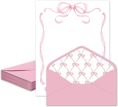 Whaline 30 Pcs Pink Bow Stationery Paper Set Coquette Bowknot Letter Writing Paper with Envelopes Stickers for Birthday Baby Shower Party Invitation Office Printing, 8.5 x 11 Inch