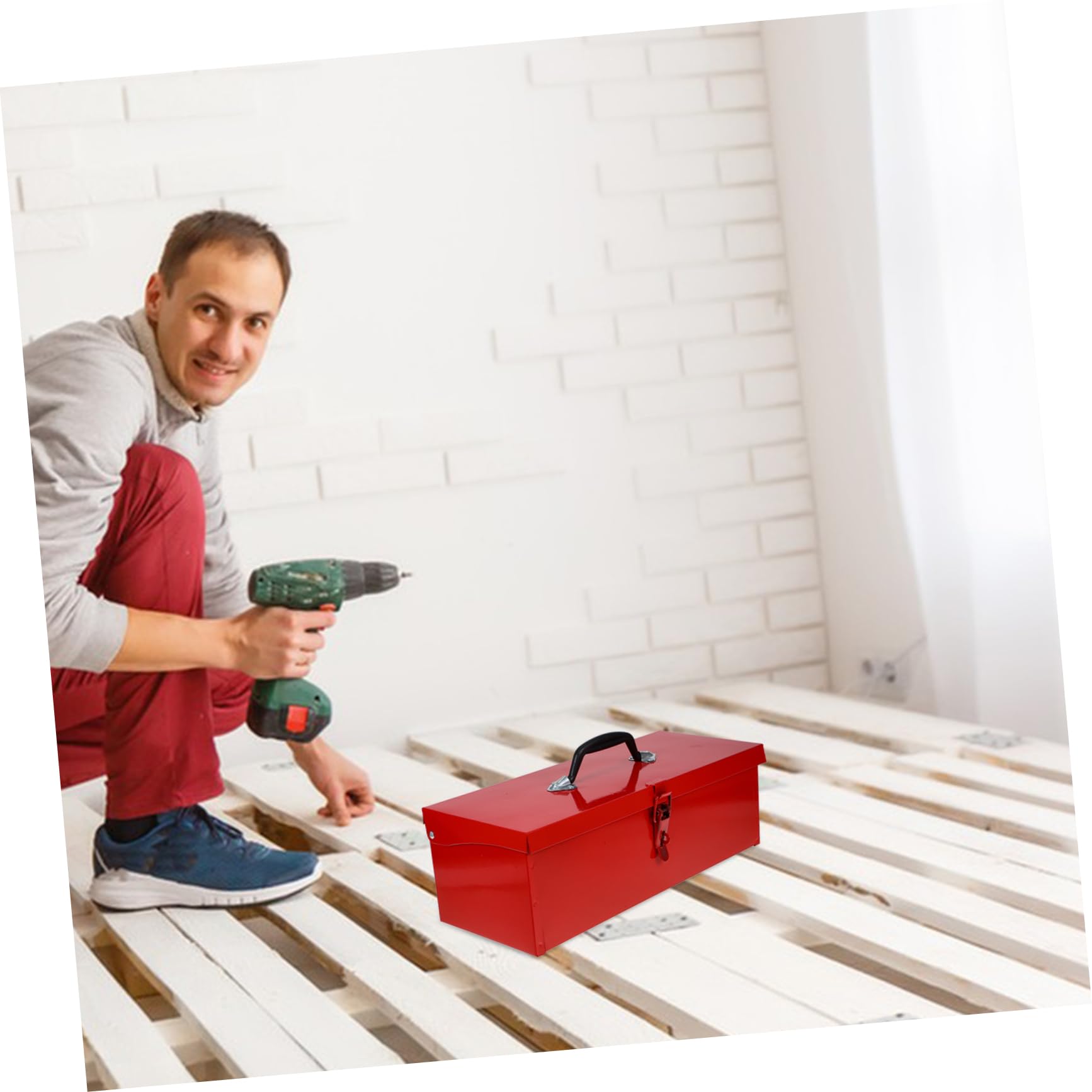 VILLCASE Cassetta Attrezzi Ferro Rossa, Cassetta degli Attrezzi Piccola in Lamiera, Portatile Maniglia Comoda e Chiusura Pratica per Officina e Casa Stile Casuale