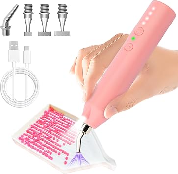 Electric Diamond Painting Pen for Adults with 4 Tips, Cordless Diamond Art Pens Accessories No Wax 3-Speed Rechargeable DIY Kit for Beginners, Automatic E-Painter ToolsPink