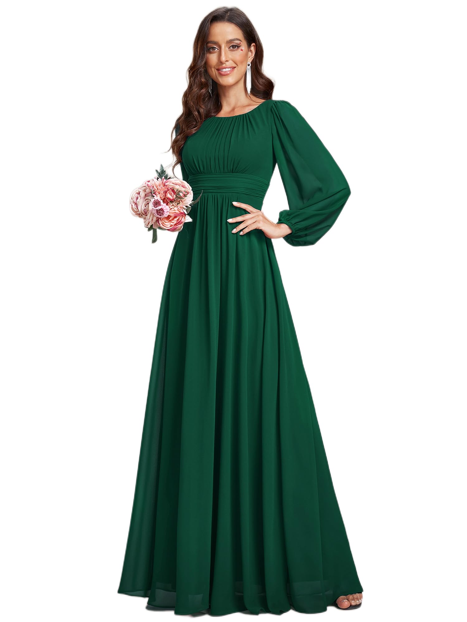 Ever-Pretty Robe Demoiselle d'honneur Femme Longue Manches Longues Col Rond Mousseline Chic Vert Foncé 34