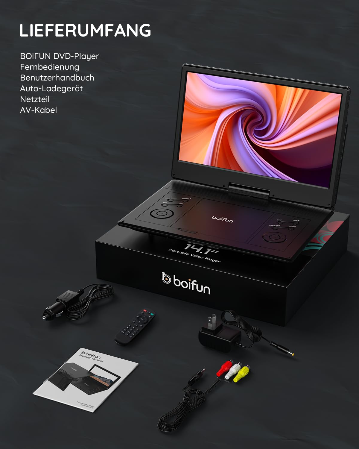 Boifun 15,7 Zoll tragbarer DVD-Player mit 14,1 Zoll HD-Bildschirm, 6 Stunden Akkulaufzeit, unterstützt USB/SD-Karten/TV-Synchronisation und mehrere Disc-Formate, Dual-Lautsprecher, Schwarz