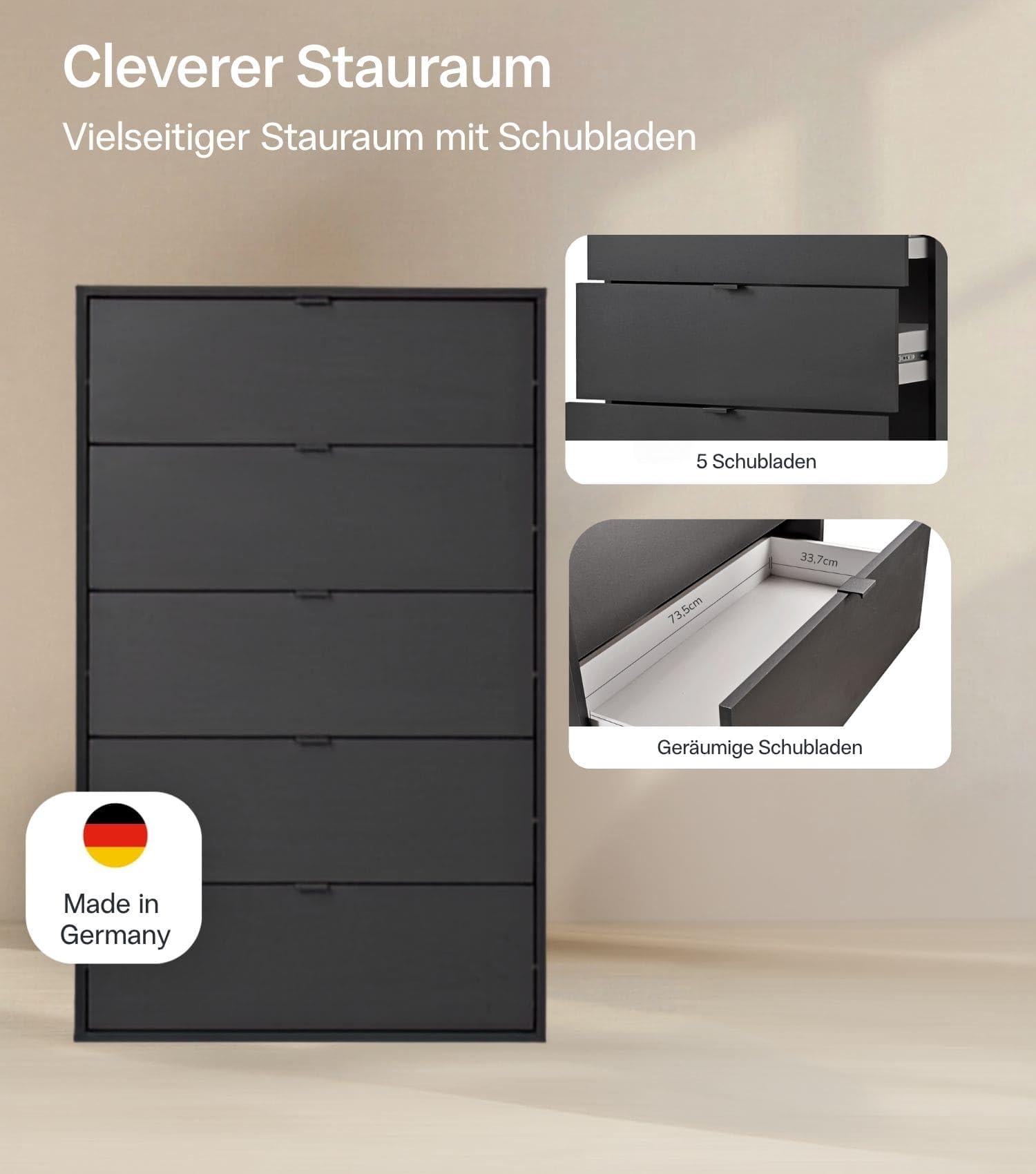 mokebo Kommode 'Die Stilvolle' (80x117x40 cm) Made in Germany, Highboard, Anrichte, Sideboard, Schubladenschrank für Schlafzimmer, Flur & Kinderzimmer mit 5 Schubladen aus Holz in Anthrazit Schwarz