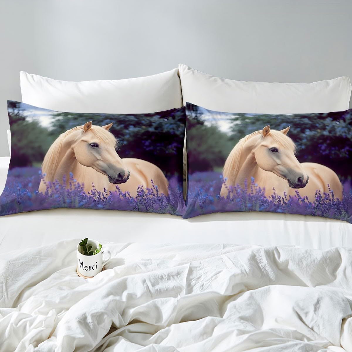 jejeloiu Horse Comforter Cover Set Toddler Size Cute Horse Bedding Set Children Wild Western Cowboy Kawaii Animal Bedding Duvet Cover Set Lavender Flower Blossom Bedspread Cover 2Pcs,No Comforter