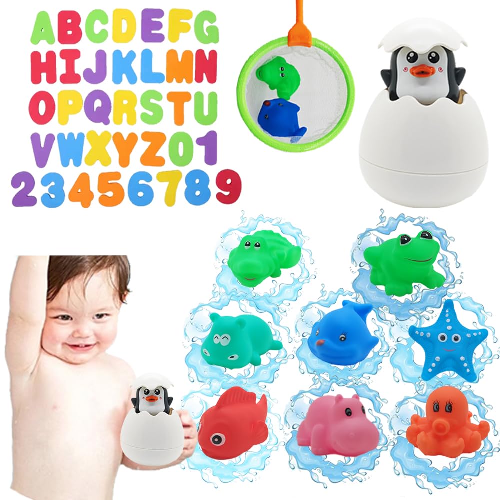 Baby Mesh Bath Toys Storage Set with 36 Foam Bath Letters, Numbers, 8 Floating Animal Toys, for 2 3 4 5 Year Old Kids