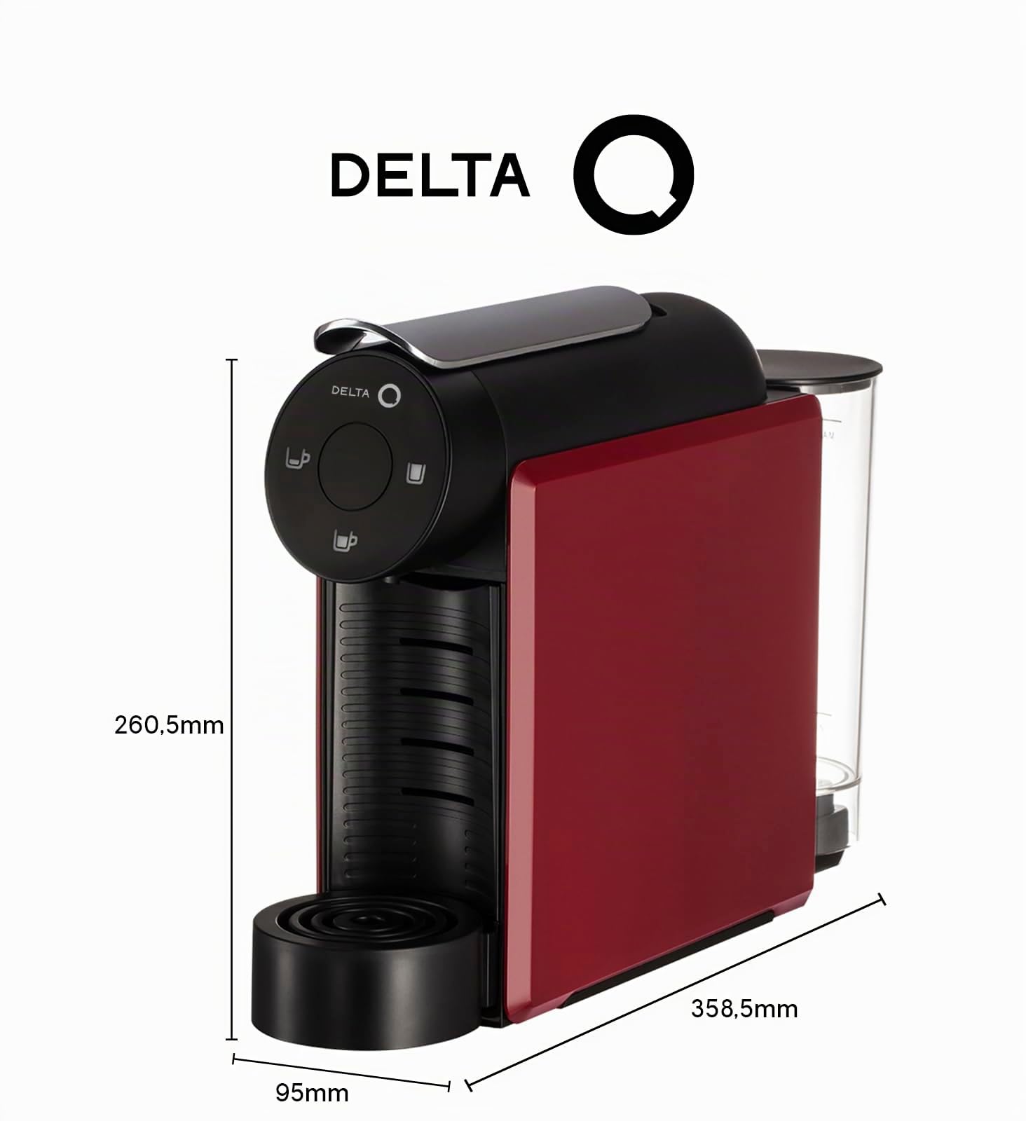 Delta Q Machine à Capsules MiniQool Rouge, Inclus 90 Capsules | 19 Bars de Pression, Réservoir 0.6L, Inclus 2 x 40 Caps Qalidus et 10 Caps Décaféinées, Design ultra-compact