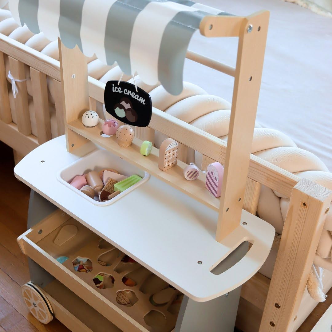 Mamabrum Holz Eisdiele für Kinder 3+, Rollwagen mit EIS, Spielen, Dezentes Design, Reichhaltige Accessoires, Entwickelt Kreativität und Soziale Fähigkeiten