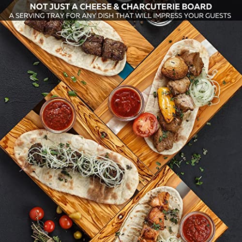 Image of Handcrafted Italian Olive Wood Cheese & Charcuterie Board Set with Unique Black Resin Artwork - Cutting Board Comes with 4 Cheese Knives, 2 Dipping Bowls & Corkscrew Wine Opener (Black)