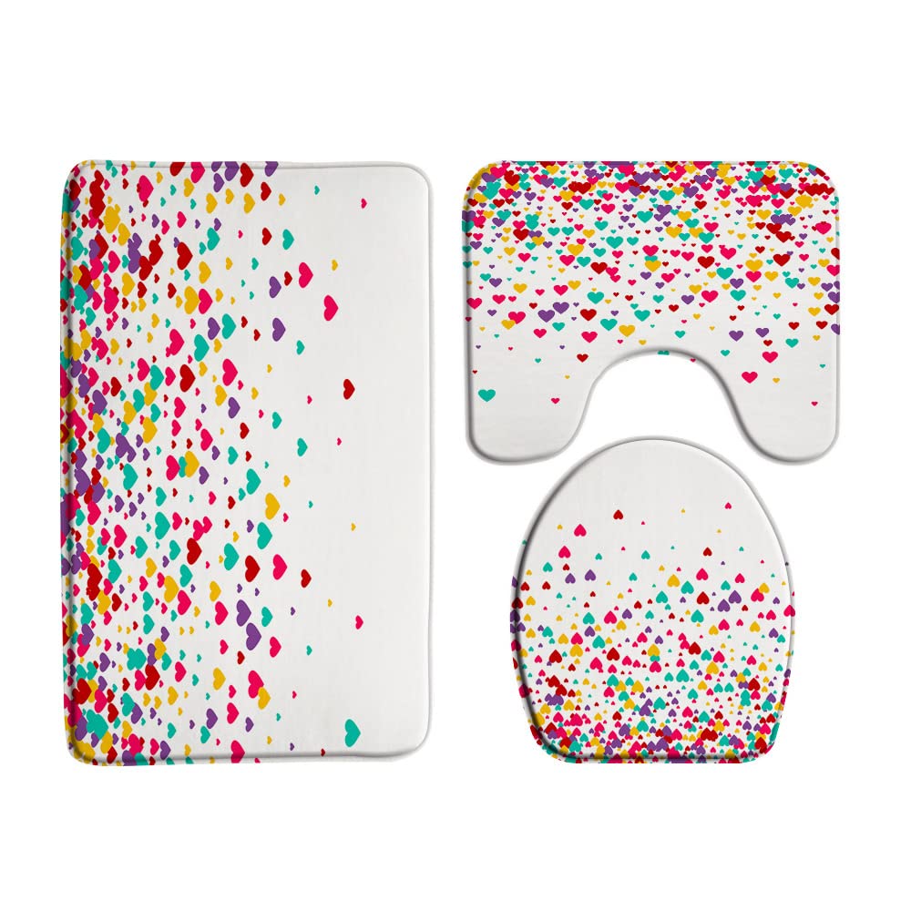 VPUPCN Colorful Heart 3 Pcs Bath Rugs Set,Valentine's Day Falling Hearts Romantic Love Sweet Couple Modern Fashion Bathroom Kitchen Rug with 17.8