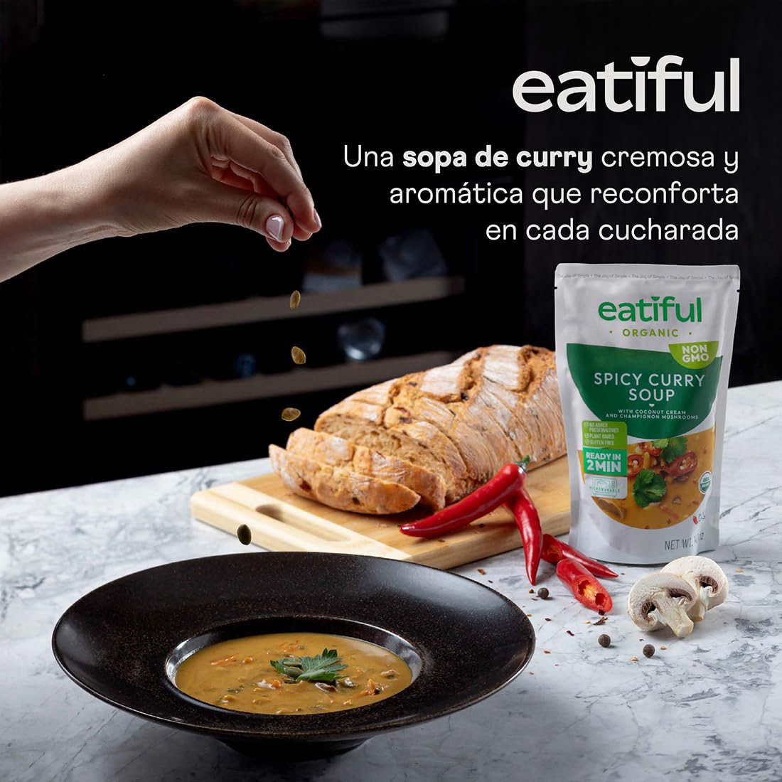 EATIFUL Sopa De Curry, Elaborada Con Verduras Orgánicas, Sopa De Curry Tailandesa Vegana Lista Para Comer, Sin Conservantes Añadidos, Sin Gluten, 400g (Paquete De 5 Unidad)
