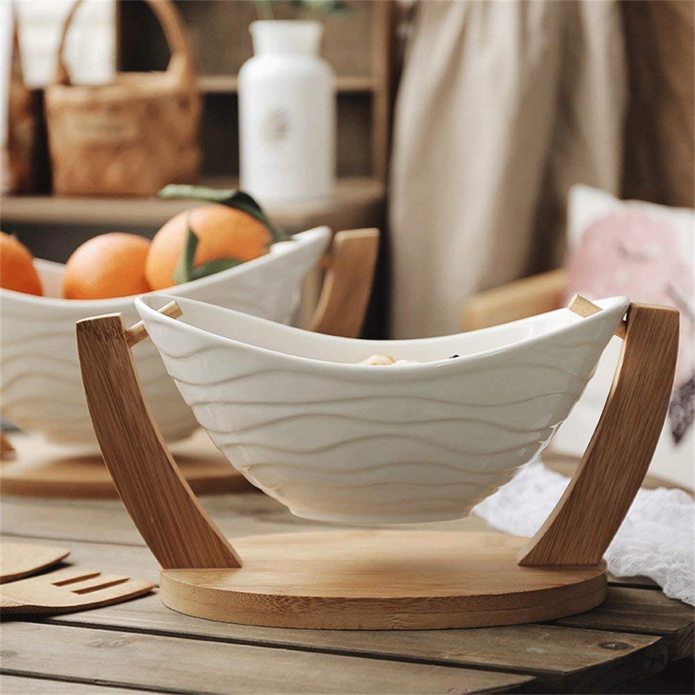 Créatif Bol De Fruits avec Support en Bambou, Berceau Saladier Bol à Collation Aux Fruits Vaisselle en Céramique Blanc,White-32cm(12.8inch)